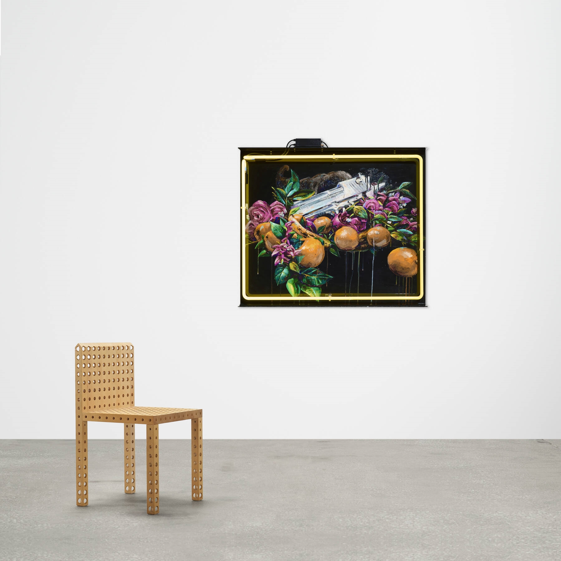 Artwork by Patrick Martinez, Desert Eagle with Fruit and Flowers, Made of Acrylic, Glitter And Neon Tube On Plexiglass