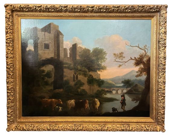 Sublime bucolic landscape with figure, dog and cattle before a ruined castle - John Rathbone