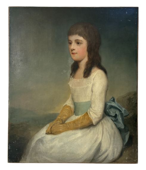 A portrait of a young girl wearing a sash and yellow gloves by Thomas Gainsborough, British School, 18th Century, 18th Century