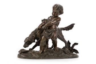 A cherub with hunting dog and partridge - Auguste Joseph Peiffer