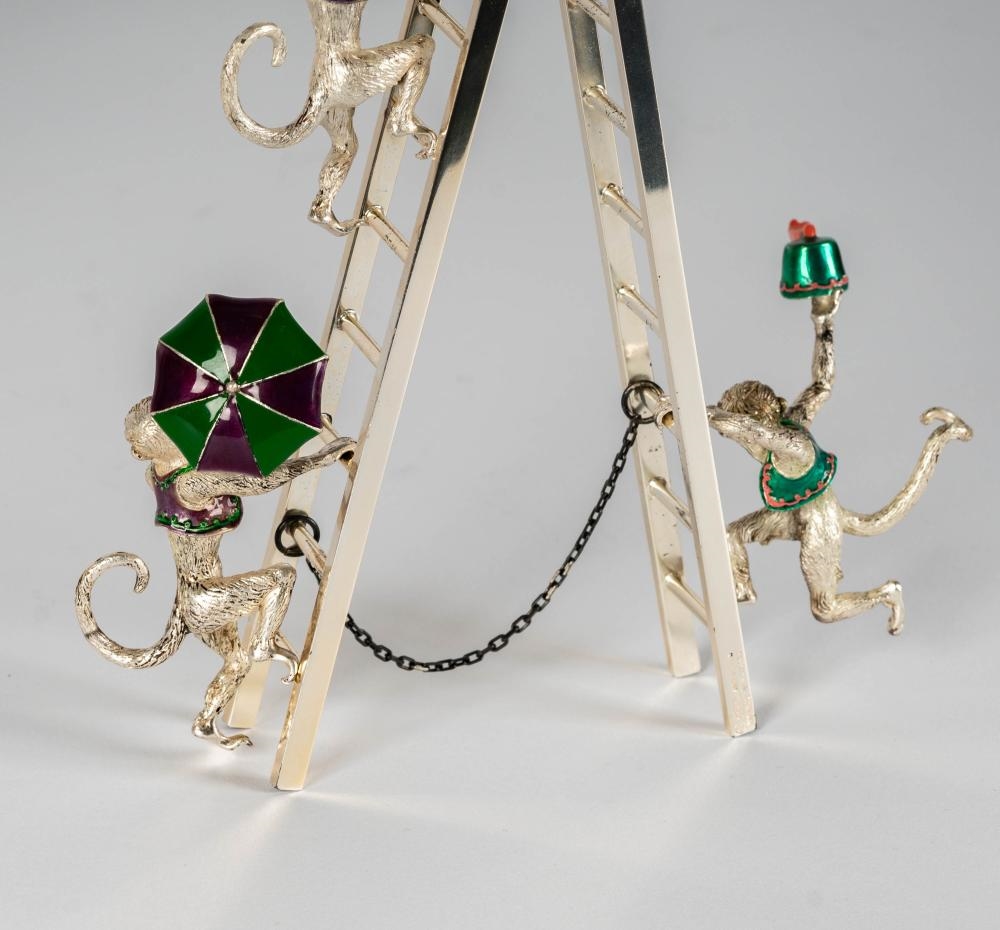 Artwork by Gene Moore, Sterling and Enamel Circus Monkey Group, Made of Sterling Silver, Enamel