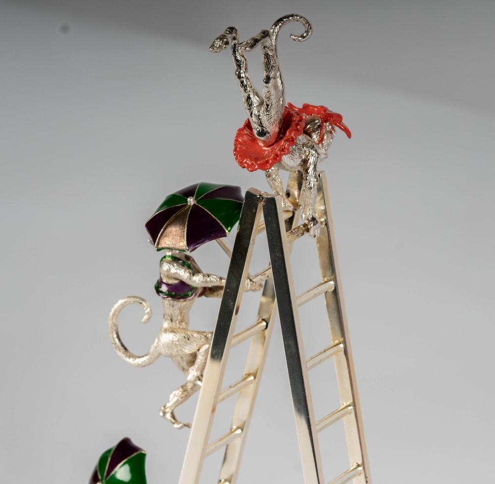 Artwork by Gene Moore, Sterling and Enamel Circus Monkey Group, Made of Sterling Silver, Enamel