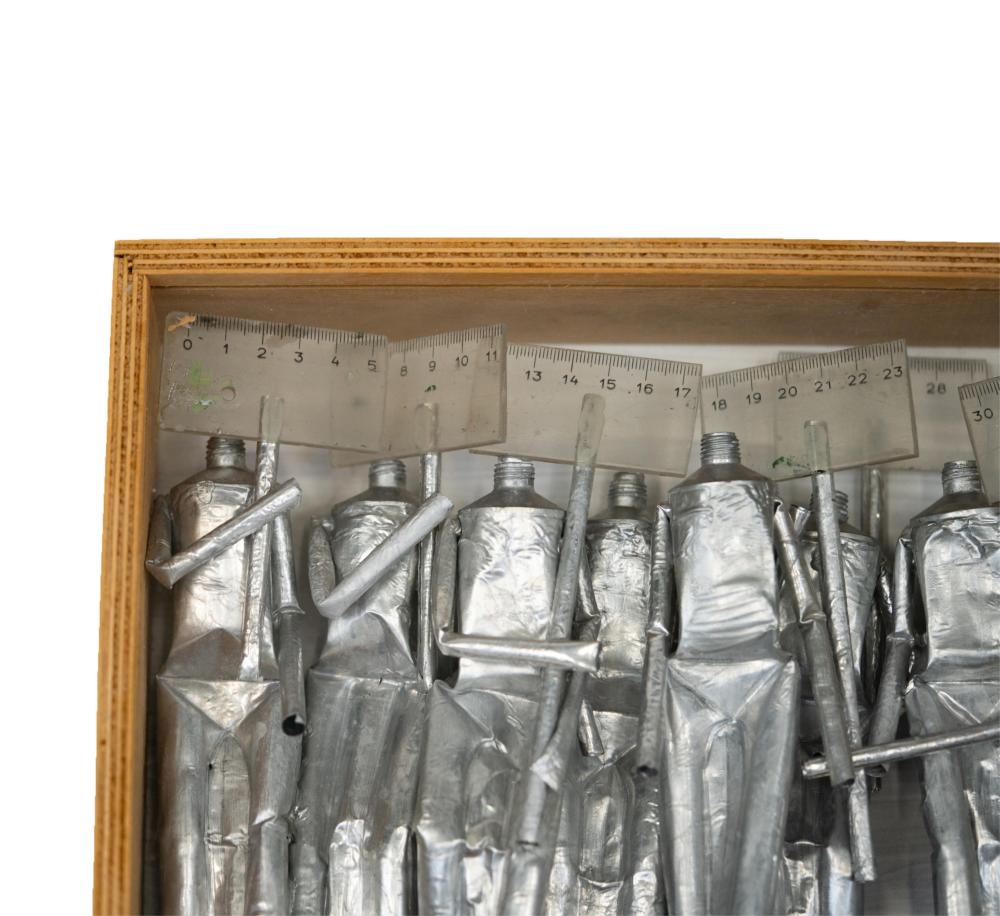 Artwork by René Francisco, Para Tomar Medidas, Made of Mixed Media (Paint Tubes, Ruler) In Wooden Box