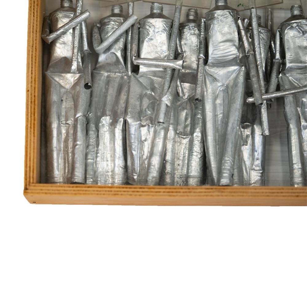 Artwork by René Francisco, Para Tomar Medidas, Made of Mixed Media (Paint Tubes, Ruler) In Wooden Box