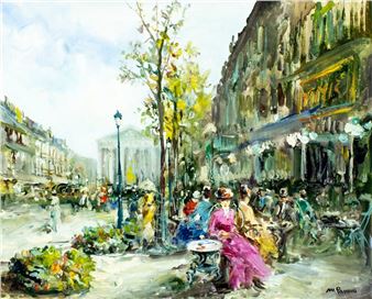 マリオ・パッソーニ作 「Café De Paris」(油絵) Antiques, Art, Vintage