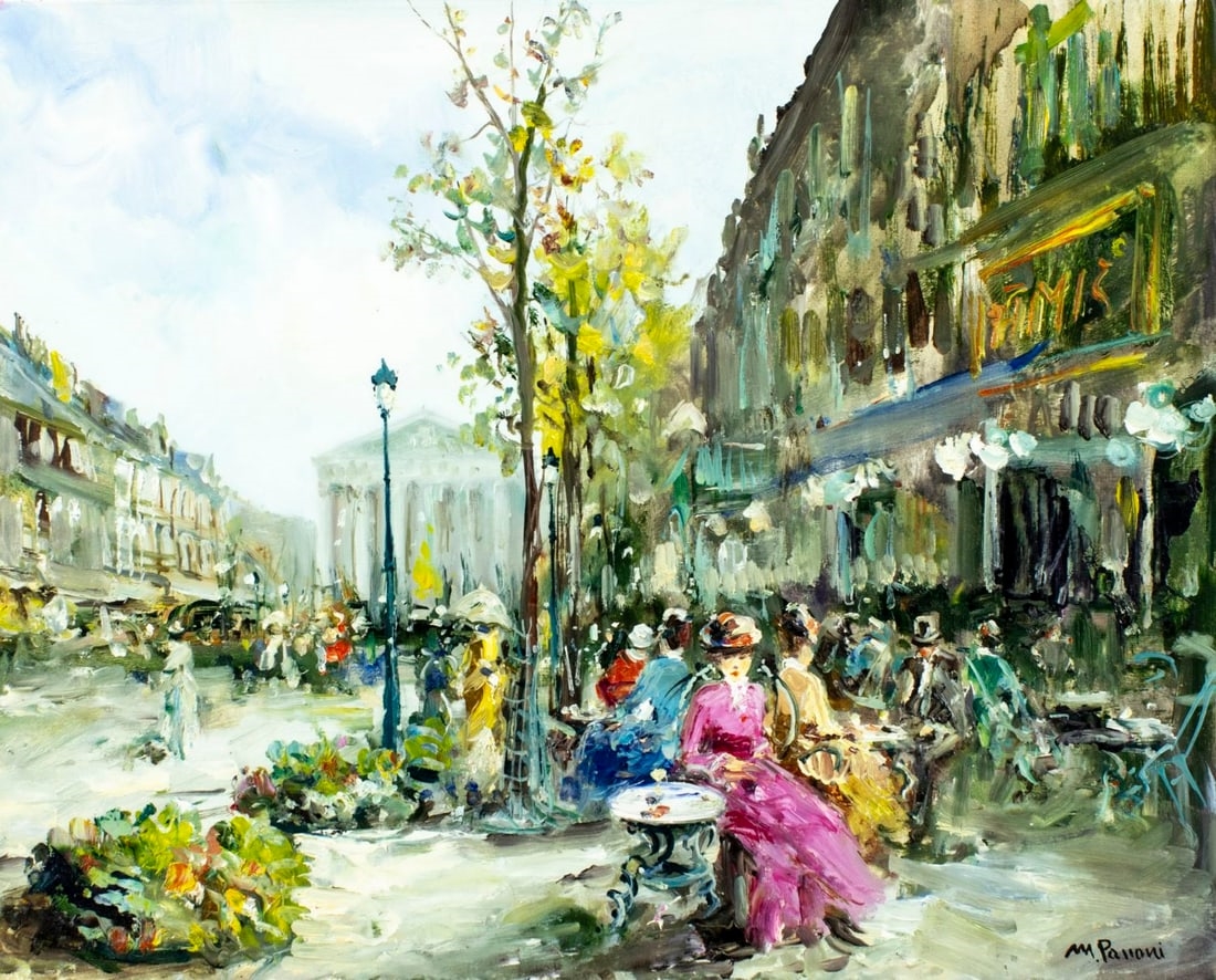 マリオ・パッソーニ作 「Café De Paris」(油絵) MARIO PASSONI OIL ON CANVAS FRENCH CAFE STREET SCENE