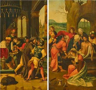 Pair of works with scenes from the Passion of Christ: Christ before Pilate / The Entombment - Pieter Coecke van Aelst the Elder