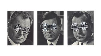 A black and white photo of three men with circles on their eyes.