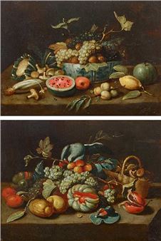 Pair of works: Basket of fruits with grey parrot - Pseudo Jan van Kessel II