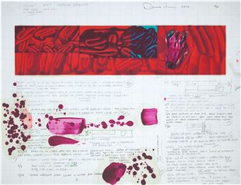 A conceptual art piece featuring a red floral study and abstract color swatches on lined paper.