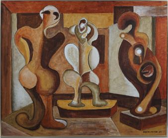 A Cubist-style painting featuring three stylized, abstract figures in warm earth tones.