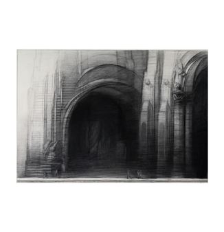 A monochromatic architectural sketch of a grand archway with subtle human figures.