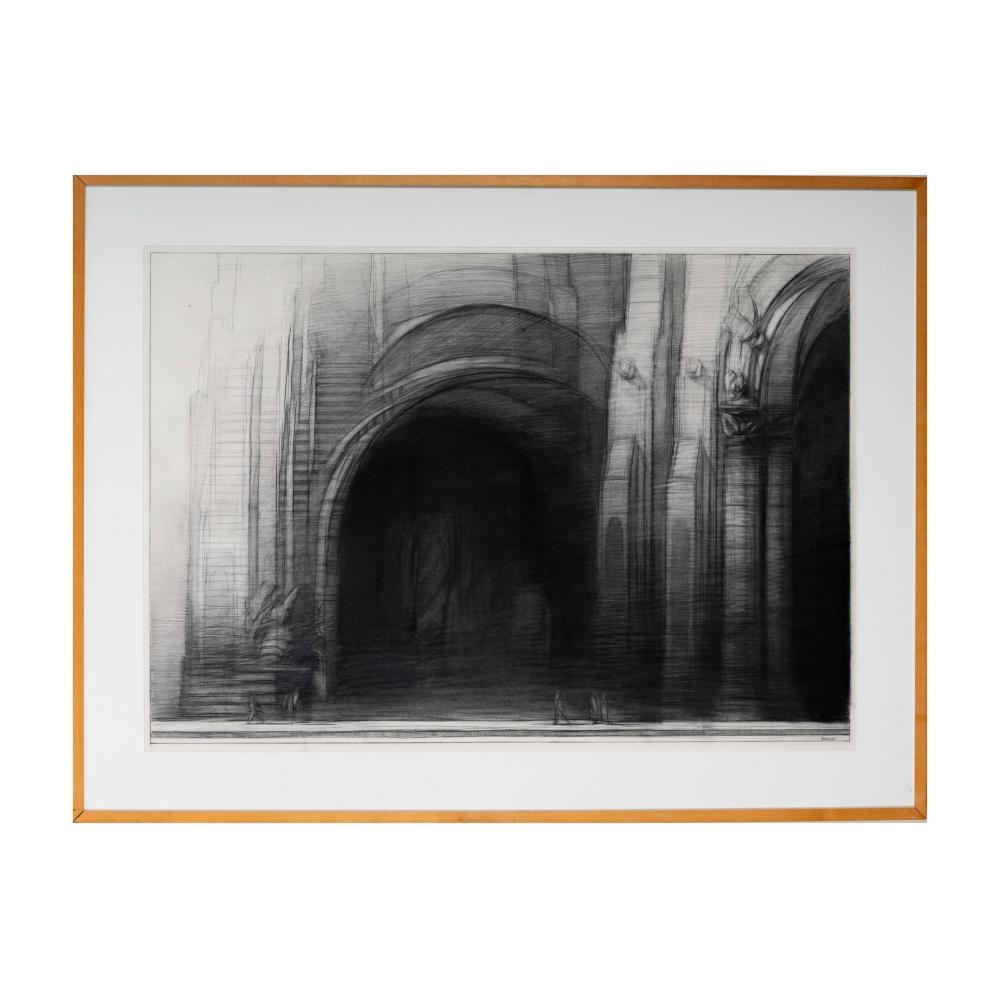 A monochromatic architectural sketch of a grand archway with subtle human figures.
