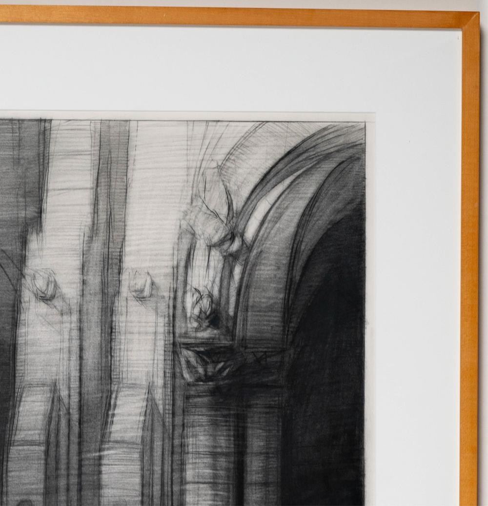 A monochromatic architectural sketch of a grand archway with subtle human figures.