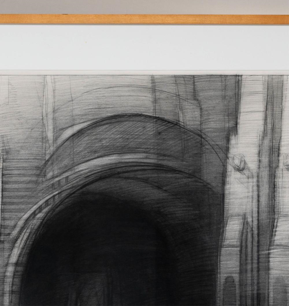 A monochromatic architectural sketch of a grand archway with subtle human figures.