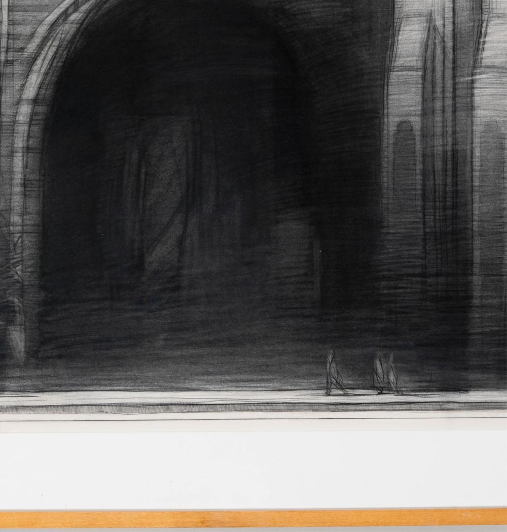 A monochromatic architectural sketch of a grand archway with subtle human figures.
