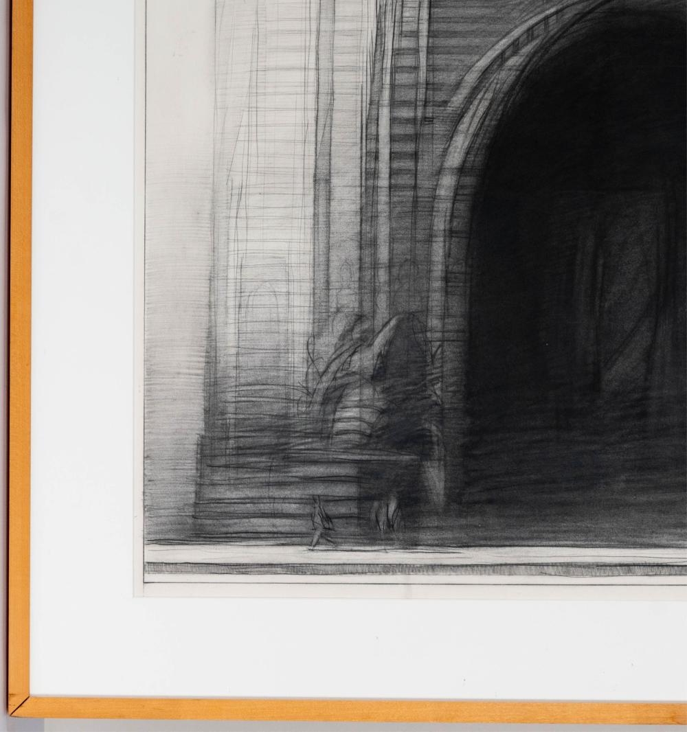 A monochromatic architectural sketch of a grand archway with subtle human figures.