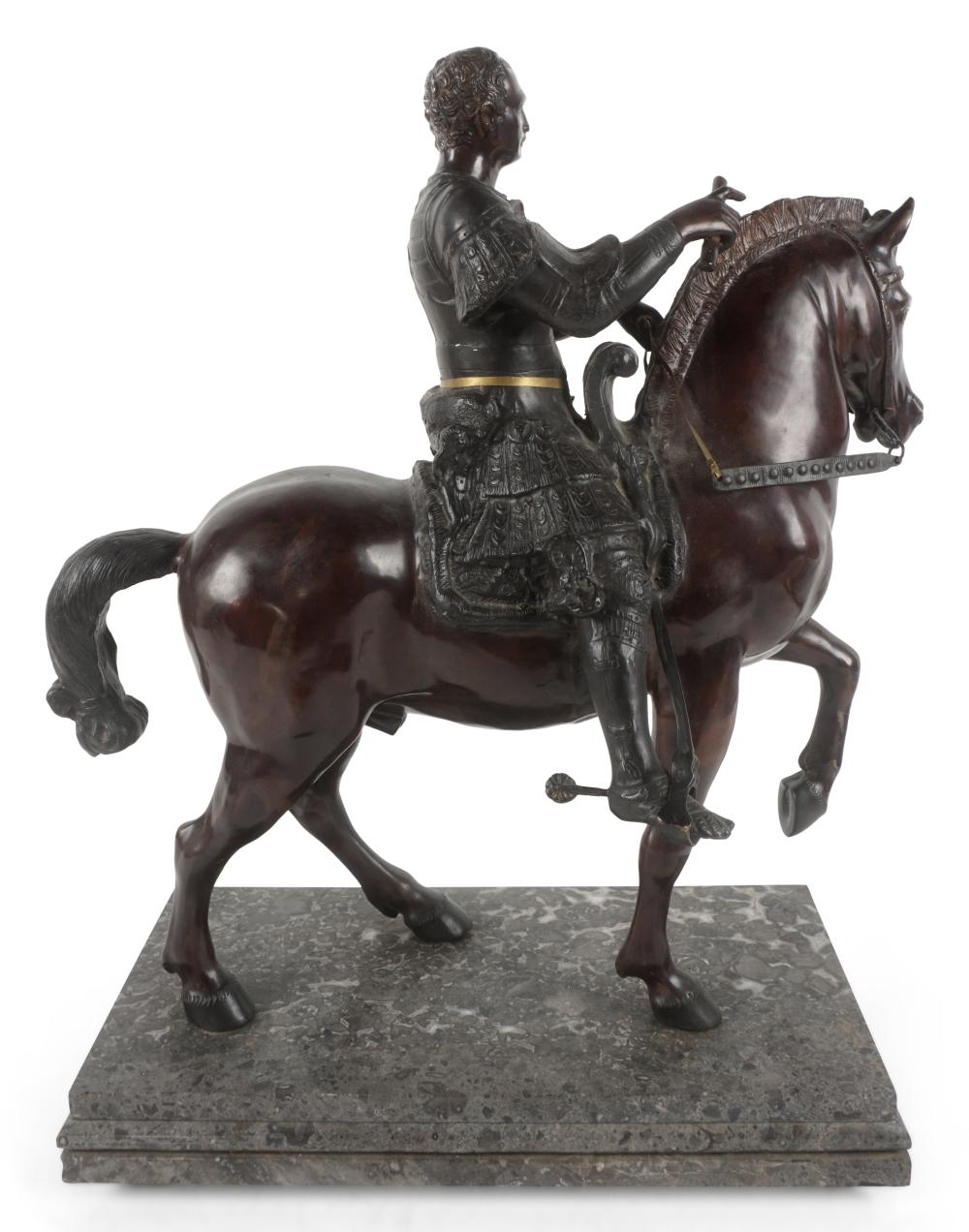 Artwork by Donatello, GRAND TOUR STYLE EQUESTRIAN MONUMENT TO GATTAMELATA ABOVE A MARBLE PEDESTAL, Made of Bronze