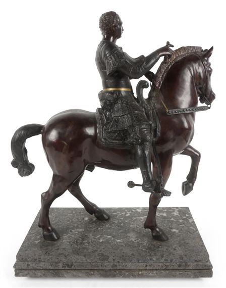 GRAND TOUR STYLE EQUESTRIAN MONUMENT TO GATTAMELATA ABOVE A MARBLE PEDESTAL by Donatello, 19TH OR EARLY 20TH CENTURY
