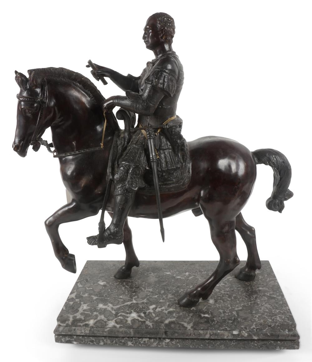 Artwork by Donatello, GRAND TOUR STYLE EQUESTRIAN MONUMENT TO GATTAMELATA ABOVE A MARBLE PEDESTAL, Made of Bronze