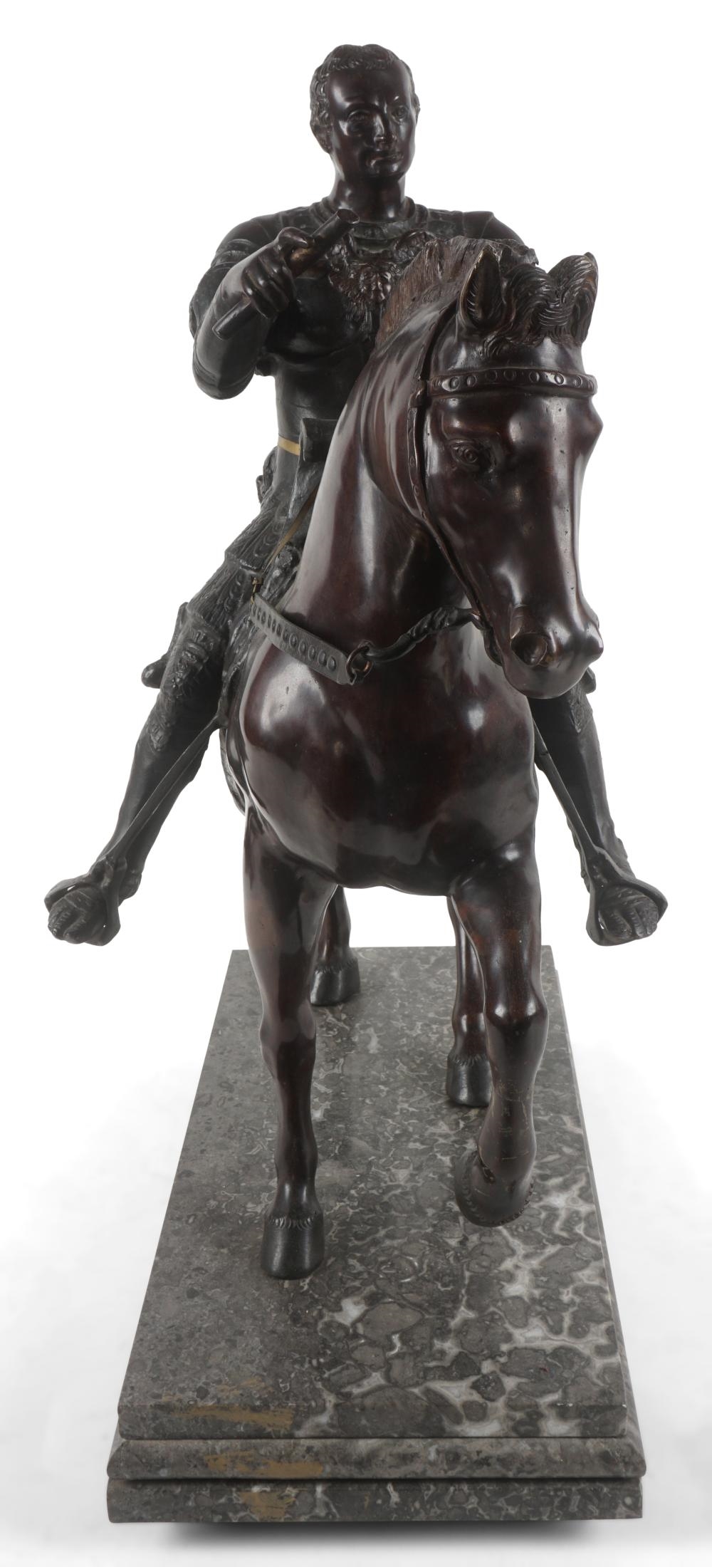 Artwork by Donatello, GRAND TOUR STYLE EQUESTRIAN MONUMENT TO GATTAMELATA ABOVE A MARBLE PEDESTAL, Made of Bronze