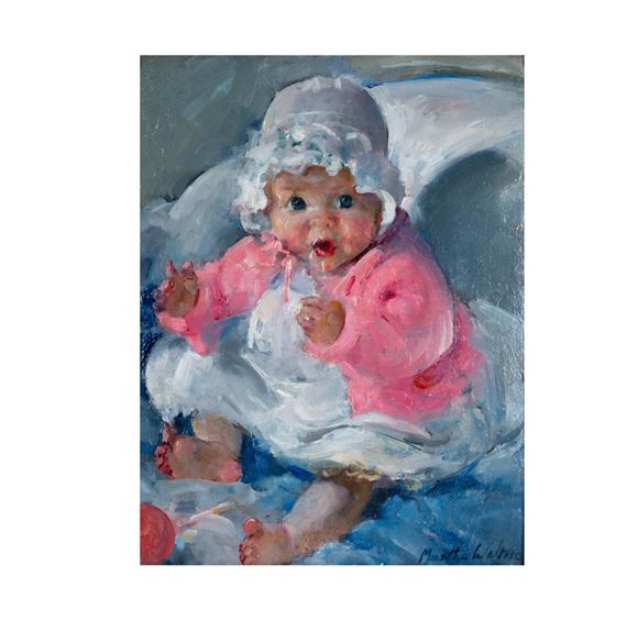 Baby in Pink Wearing White Bonnet - Martha Walter