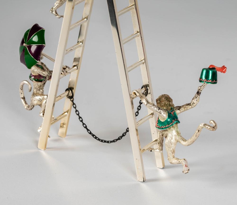 Artwork by Gene Moore, Sterling and Enamel Circus Monkey Group, Made of Sterling Silver, Enamel
