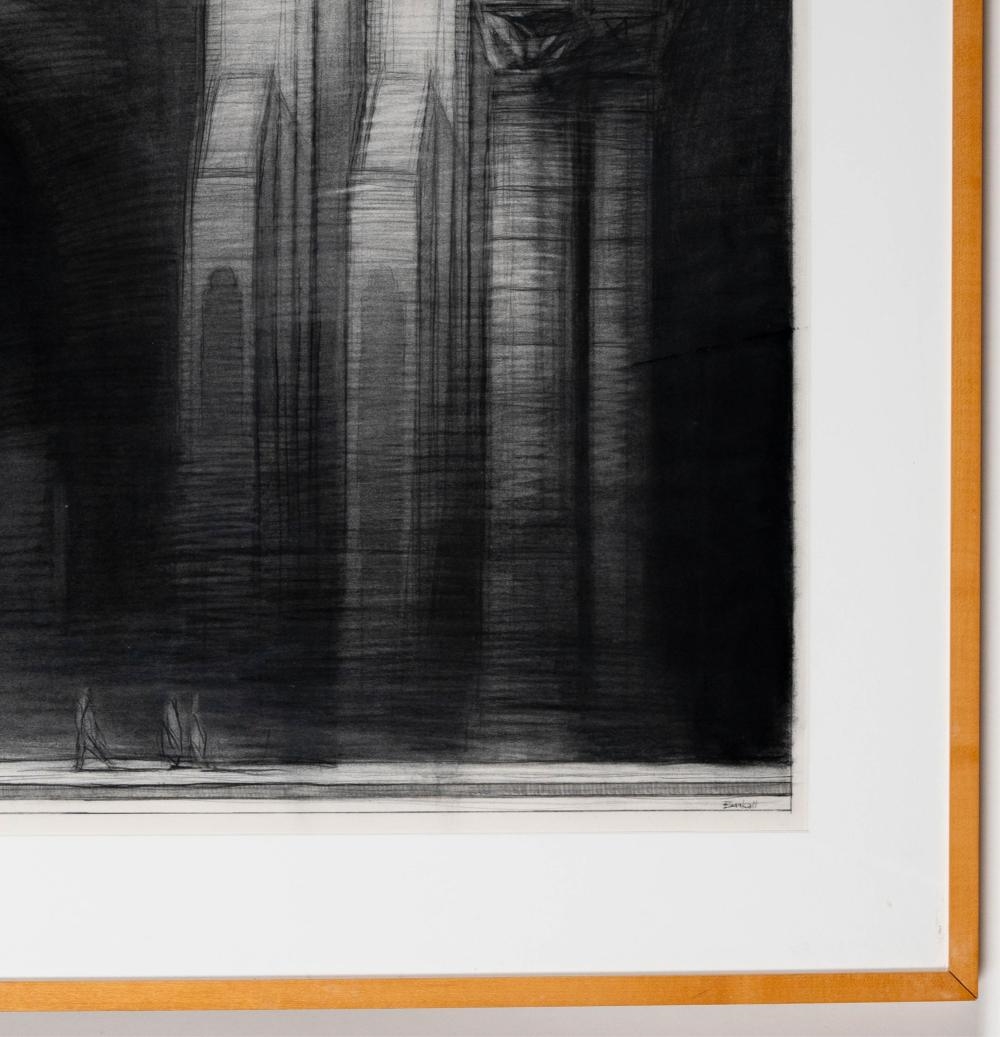 A monochromatic architectural sketch of a grand archway with subtle human figures.