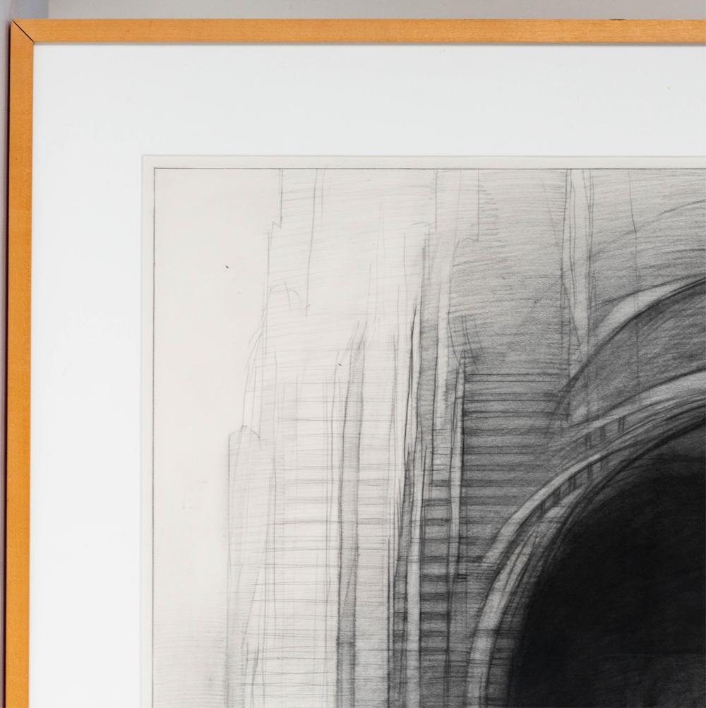 A monochromatic architectural sketch of a grand archway with subtle human figures.