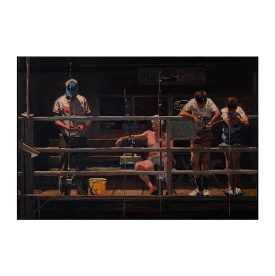 A moody painting of four figures fishing on a wooden dock at dusk.