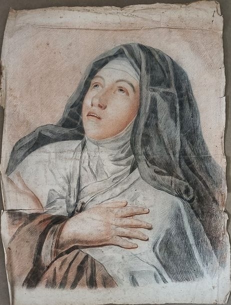 Artwork by Eugénie Raffeneau de Lille, Religieuse, Made of Black Stone And Red Chalk Drawing