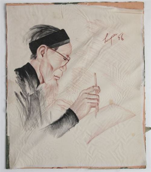 Small sepia-toned ink painting on silk, depicting an old scholar, brush in hand, bent over a sheet of paper on which he is about to paint or write by Nguyen Duc Huyen, 1956