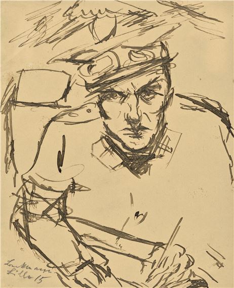 Selbstporträt mit Krankenpflegeruniform und Autobrille by Max Beckmann, April 1915