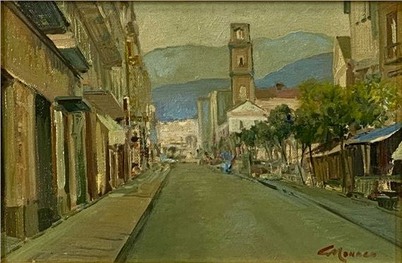 continental street scene with church tower - Pasquale Monaco