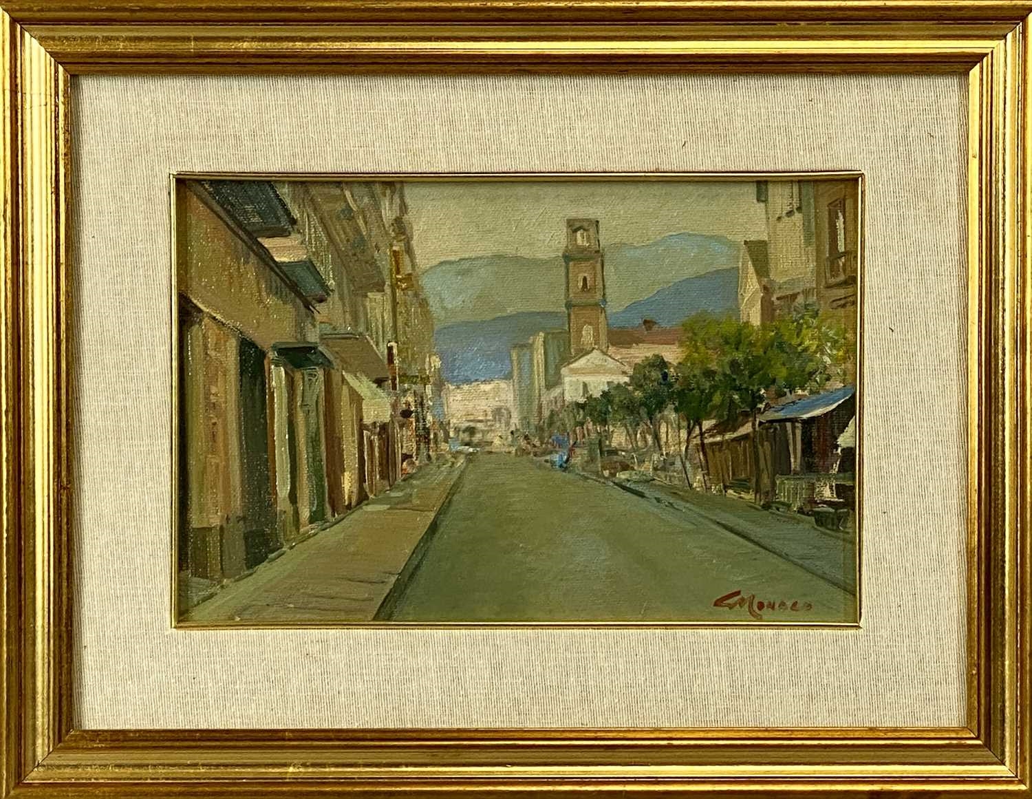 Artwork by Pasquale Monaco, continental street scene with church tower, Made of Oil On Board
