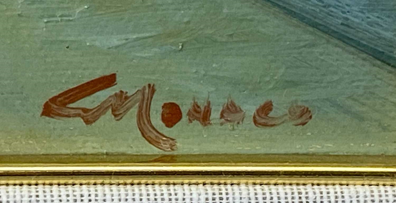 Artwork by Pasquale Monaco, continental street scene with church tower, Made of Oil On Board