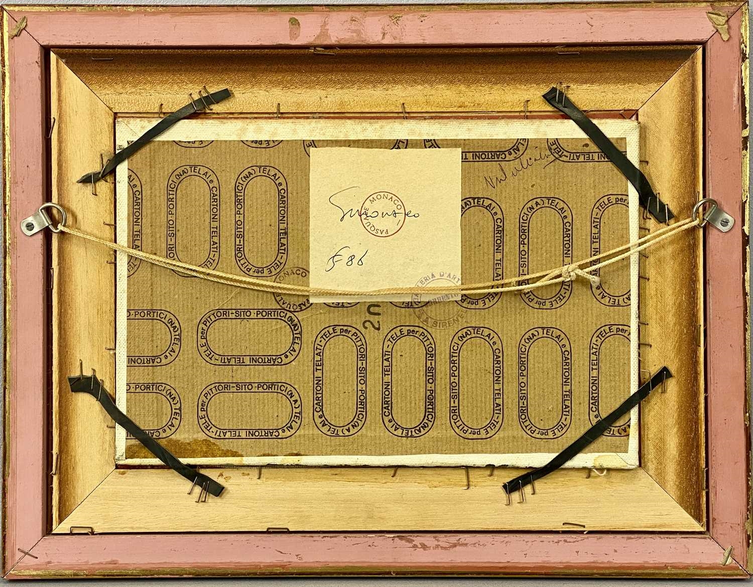 Artwork by Pasquale Monaco, continental street scene with church tower, Made of Oil On Board