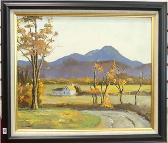"A serene autumn landscape featuring a white house, winding road, and distant mountains under a soft sky."
