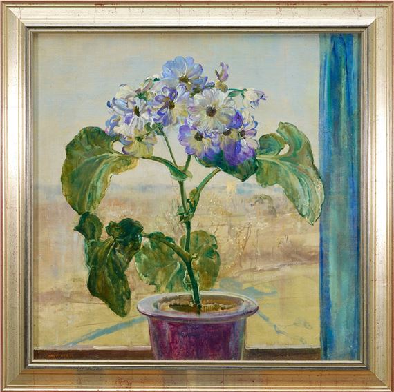 Cinararia on a window sill, Dedham church beyond