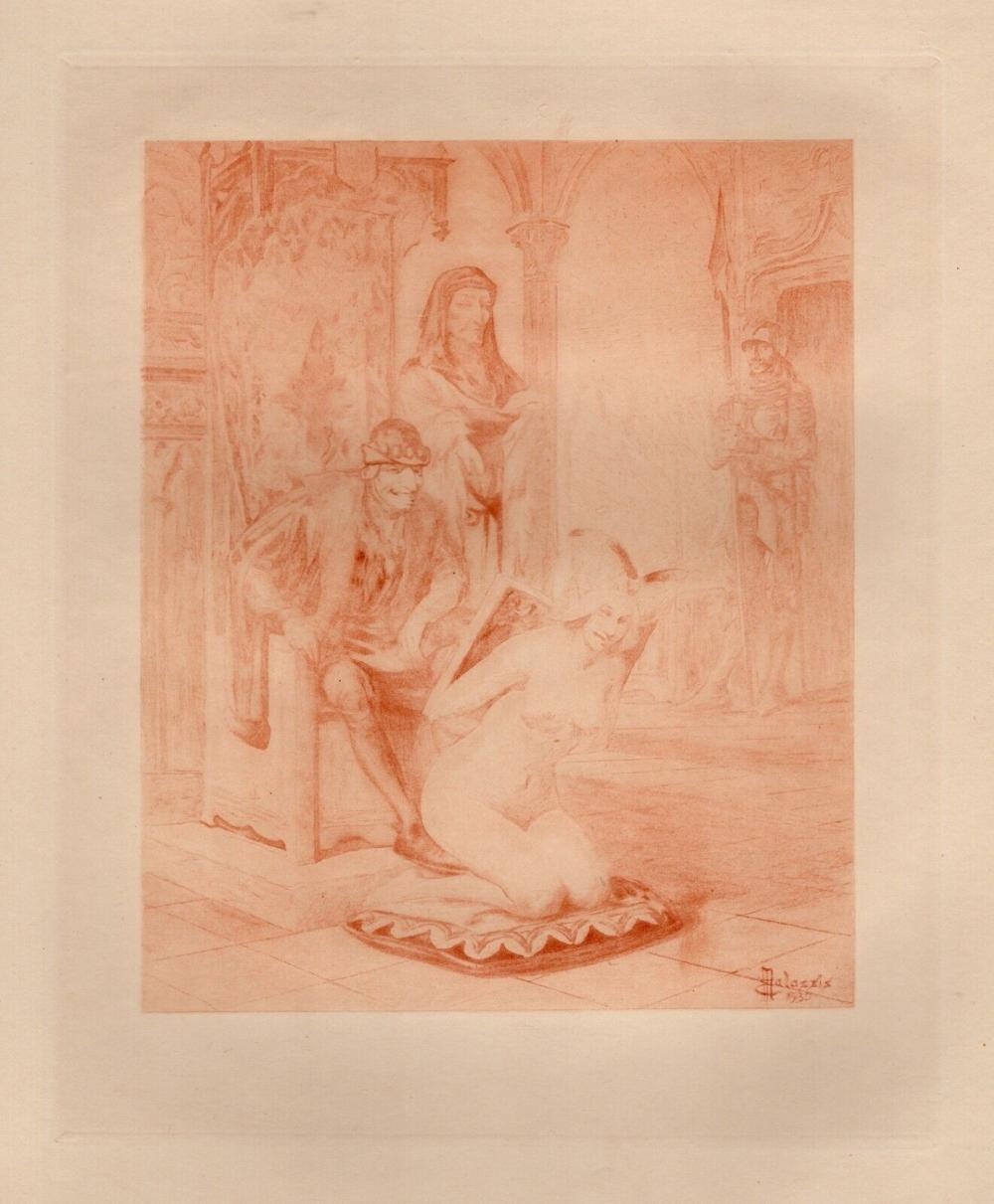Artwork by Edmond Malassis, The Offering, Made of Copper Plate Engraving In Red Ink On Velin Paper