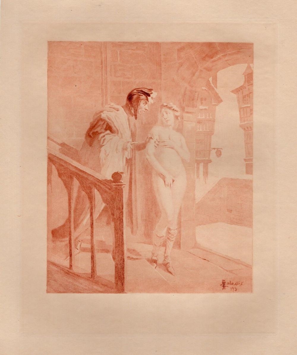 Artwork by Edmond Malassis, THE ENCOUNTER, Made of Copper Plate Engraving In Red Ink On Velin Paper