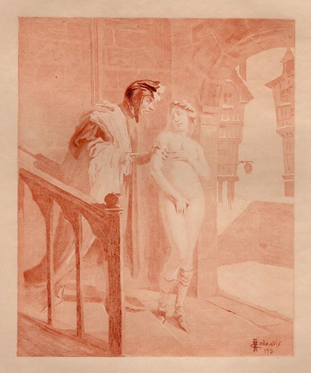 Artwork by Edmond Malassis, THE ENCOUNTER, Made of Copper Plate Engraving In Red Ink On Velin Paper