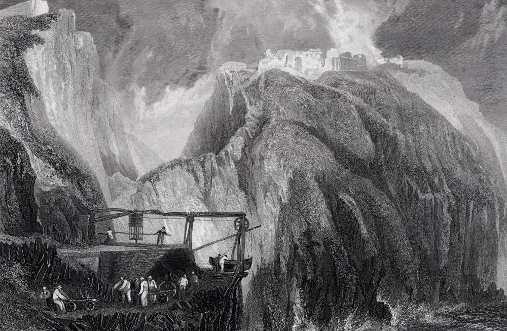 Artwork by Joseph Mallord William Turner, Rocky Coastal Scene with Ship, Made of Antique Engraving On Wove Paper