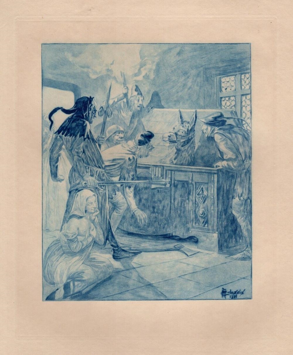 Artwork by Edmond Malassis, Capturing the Donkey I, Made of Copper Plate Engraving In Blue Ink On Velin Paper