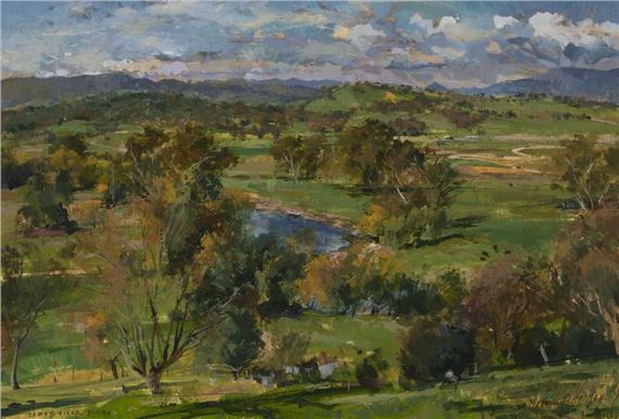 A landscape painting of a river valley with rolling hills and distant mountains under a cloudy sky.