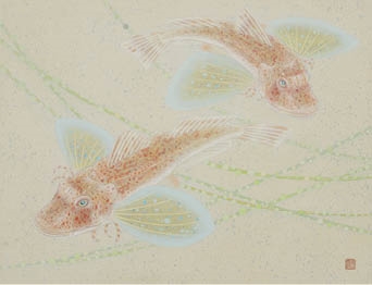 Artwork by Miki Morohoshi, walking fish, Made of ink and color on paper