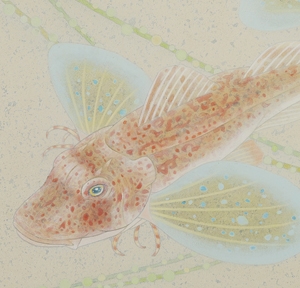 Artwork by Miki Morohoshi, walking fish, Made of ink and color on paper