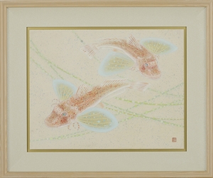 Artwork by Miki Morohoshi, walking fish, Made of ink and color on paper