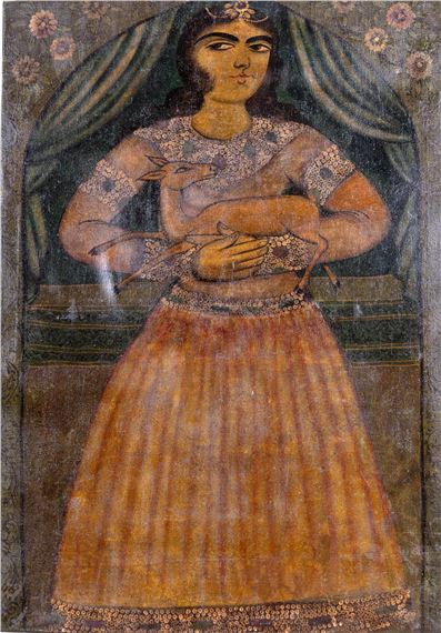 A young noble woman holding a fawn by Persian School, 19th Century