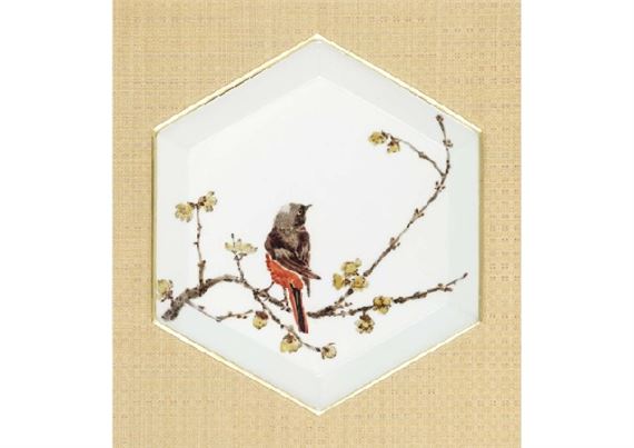 Hexagonal plate with design of flycatcher and old plum in overglaze enamel